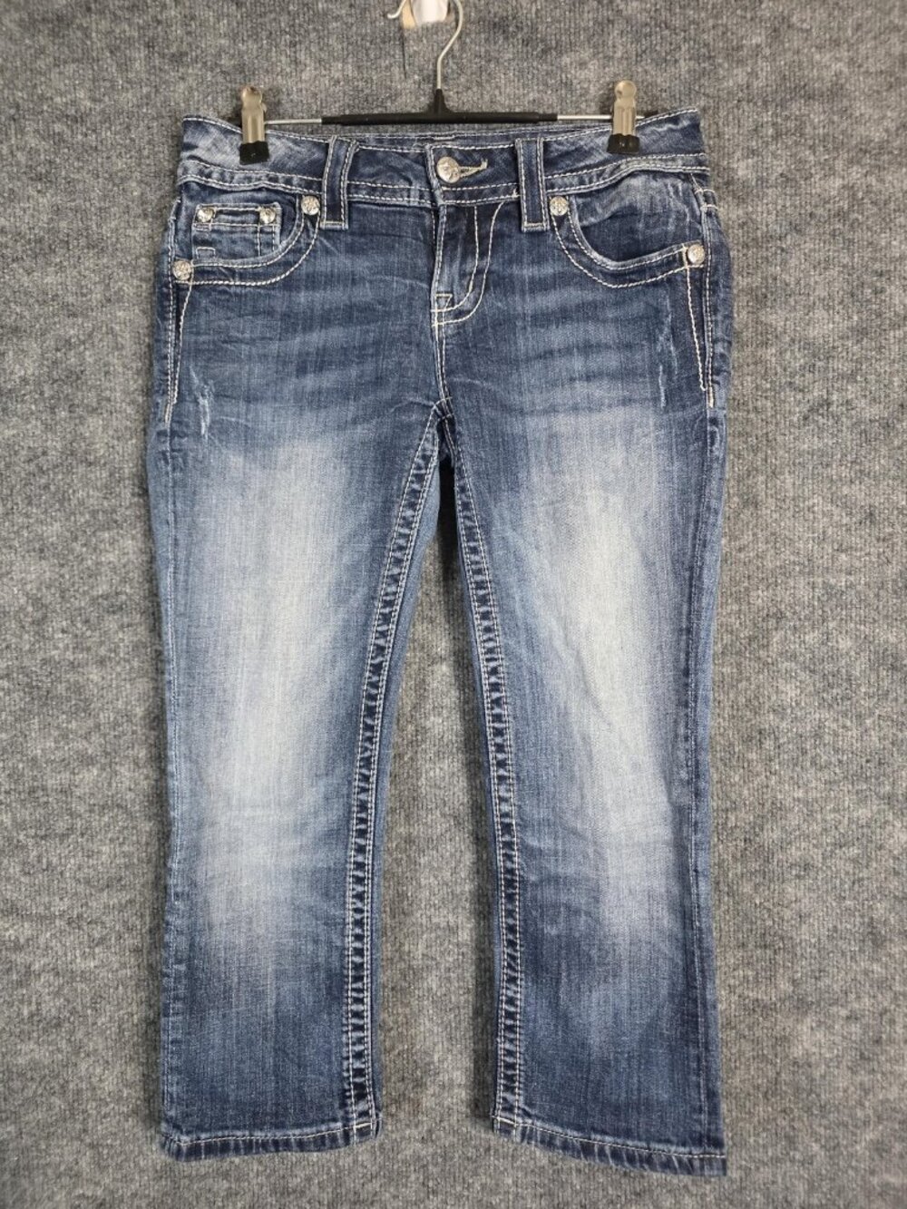 Miss Me Capri Jeans Womens 26 Blue Signature Cuffed Rhinestone Lace Stains
